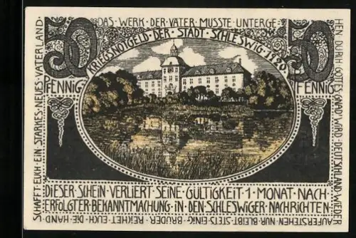 Notgeld Schleswig 1920, 50 Pfennig, Schloss mit Parklandschaft, Seriennummer 013033, Stadtwappen