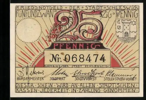 Notgeld Schleswig 1921, 25 Pfennig, Seriennummer, Stadtansicht und Wappen