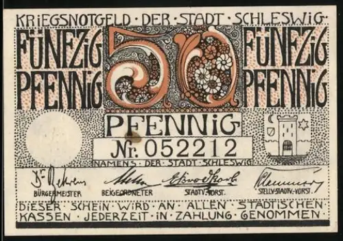 Notgeld Schleswig 1920, 50 Pfennig, Schlossansicht mit Seriennummer 052212 und Stadtwappen