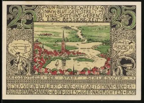 Notgeld Schleswig 1921, 25 Pfennig, Stadtansicht mit Fluss, Seriennummer 053192, Wappen