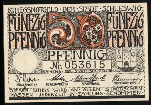 Notgeld Schleswig 1920, 50 Pfennig, Seriennummer, florales Motiv und Schlossansicht