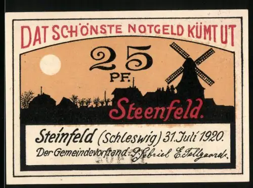 Notgeld Steinfeld 1920, 25 Pfennig, Silhouette mit Windmühle, Seriennummer 17401