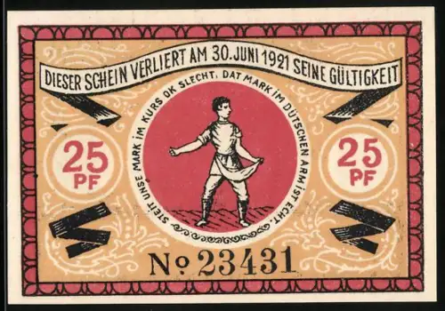 Notgeld Steinfeld 1920, 25 Pfennig, Bauer bei der Aussaat mit Spruchband, Nr. 23431