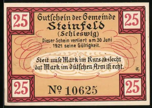 Notgeld Steinfeld 1920, 25 Pfennig, Windmühle und Silhouette, Seriennummer 10625