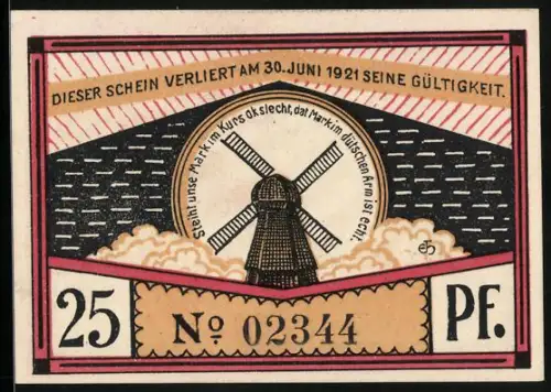 Notgeld Steinfeld 1920, 25 Pf, Windmühle und Pflüger mit Pferden, Nr. 02344