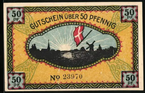 Notgeld Steinfeld 1920, 50 Pfennig, Sonnenuntergang und Soldaten mit Flagge, Nr. 23970