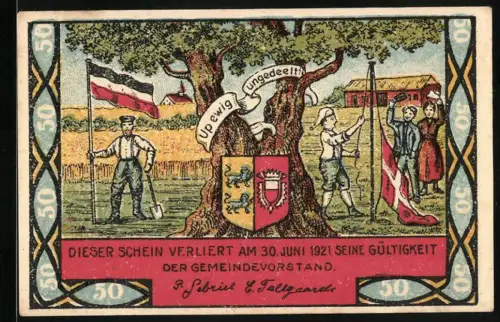 Notgeld Steinfeld 1920, 50 Pfennig, Flaggen und Landschaft mit Schiffen, Seriennummer 17740, Wappen