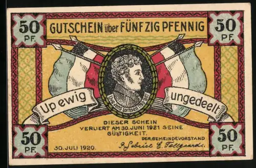 Notgeld Steinfeld 1920, 50 Pfennig, Uwe Jens Lornsen Porträt, Detscher Michel reisst dänische Flagge hinunter, Nr. 12347
