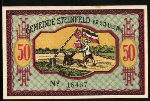 Notgeld Steinfeld 1920, 50 Pfennig, Deutscher Michel reisst dänische Flagge ab, Porträt von Uwe Jens Lornsen, Nr. 18467