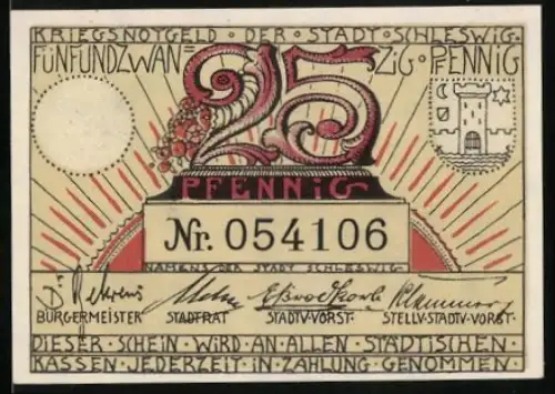 Notgeld Schleswig 1918, 25 Pfennig, Stadtansicht mit Landschaft und Stadtwappen, Nr. 054106