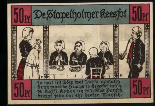 Notgeld Erfde, 50 Pfennig, Versammlung am Tisch, Pferd- und Stierwappen, Landhaus
