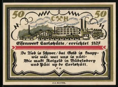Notgeld Büdelsdorf, 50 Pfennig, Eisenwerk Carlshütte errichtet 1827, regionaler Text, Gutschein der Gemeinde