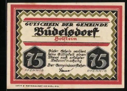 Notgeld Büdelsdorf 1919-20, 75 Pfennig, Turnhalle mit Jugendheim und Hauswirtschaftsschule