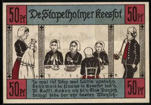 Notgeld Erfde, 50 Pfennig, Dorfszene mit Teetafel und Reetdachhaus