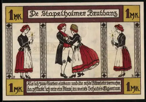 Notgeld Erfde, 1 Mark, Tanzpaar und Kerzenhalter, Landschaft Stapelholm Wappen, Kirche und Haus