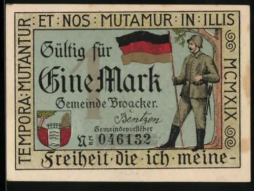 Notgeld Broacker 1919, 1 Mark, Soldat mit Fahne und Segelboot, Seriennr. 046132, Wappen