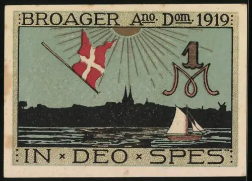 Notgeld Broacker 1919, 1 Mark, Soldat mit Fahne und Segelboot, Seriennr. 046132, Wappen