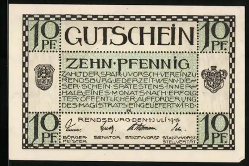 Notgeld Rendsburg 1918, 10 Pfennig, Brücke und Schiffsmotiv, Wappen links und rechts, Seriennummer