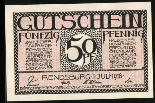 Notgeld Rendsburg 1918, 50 Pfennig, Brücke mit Händen und Speeren, Kettenmuster