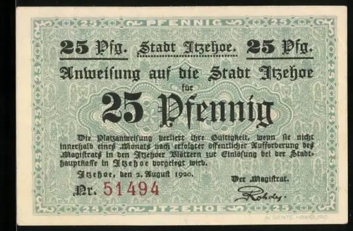 Notgeld Itzehoe 1920, 25 Pfennig, Seriennummer 51494, historische Szene mit Stadtwappen