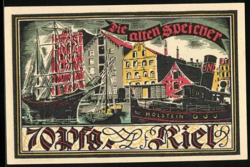 Notgeld Kiel 1921, 70 Pfennig, alte Speicher und Segelschiffe, Seriennummer 57128, Wappen abgebildet