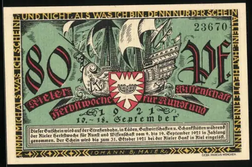 Notgeld Kiel 1921, 80 Pf, Segelschiff und Gründer der Universität Kiel, Seriennummer 23670