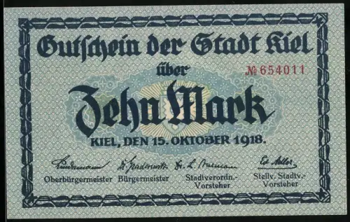 Notgeld Kiel 1918, 10 Mark, Rathaus mit Wappen, Nr. 654011