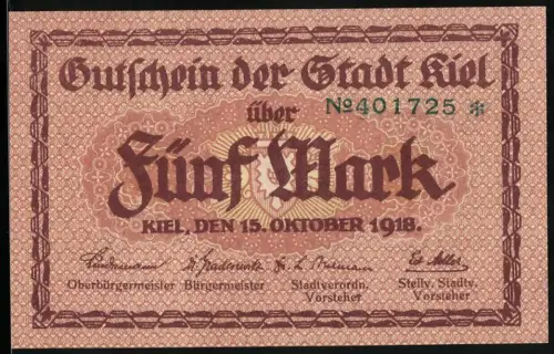 Notgeld Kiel 1918, 5 Mark, Stadtansicht mit Turm, Seriennummer 401725, Stadtwappen