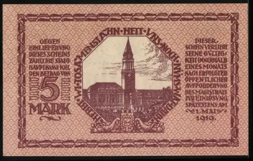 Notgeld Kiel 1918, 5 Mark, Stadtansicht mit Turm, Seriennummer 401725, Stadtwappen
