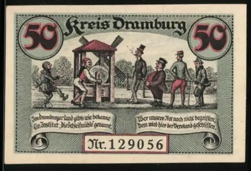 Notgeld Dramburg 1920, 50 Pfennig, Scherenschleifer, Bäuerin, Nr. 129056