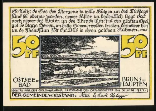 Notgeld Brunshaupten 1922, 50 Pf, Strandlandschaft und Wellenmotiv, Ostseebad