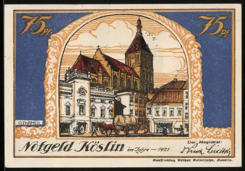 Notgeld Köslin 1921, 75 Pf, Stadtansicht mit Kirche, Wappen, Gedicht und Dekorationen