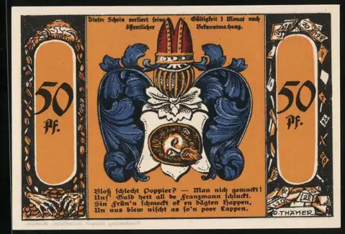 Notgeld Köslin 1921, 50 Pf, Schmied mit Gänsen, Stadtwappen, Text und Verzierung