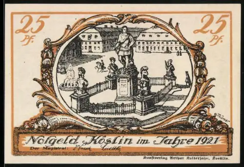 Notgeld Köslin 1921, 25 Pfennig, Stadtansicht mit Brunnen und Figur, blauer Blumenrand mit Turmmotiv