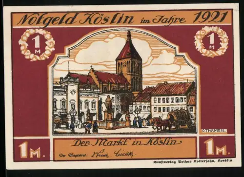 Notgeld Köslin 1921, 1 Mark, Marktansicht und Wappen mit Fischer und Gedicht