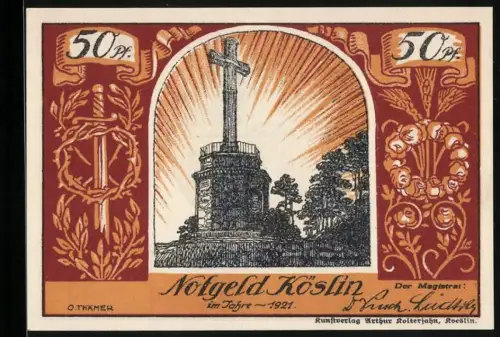 Notgeld Köslin 1921, 50 Pfennig, Kreuzdenkmal und Stadtwappen mit Löwe und Stadtmauer