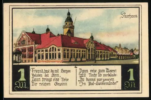 Notgeld Swinemünde, 1 Mark, Kurhaus und Seemann, Seriennummer und Wappen