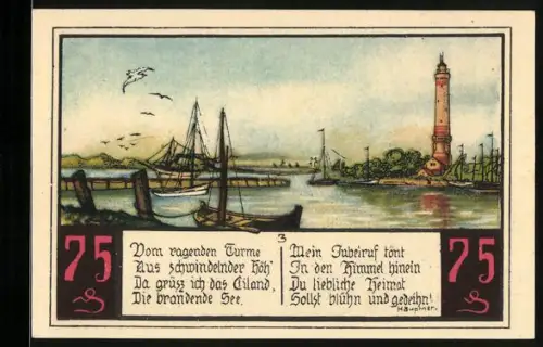 Notgeld Swinemünde, 75 Pfennig, Segelboote und Leuchtturm, Steuermann mit Wappen, Nr. 095425