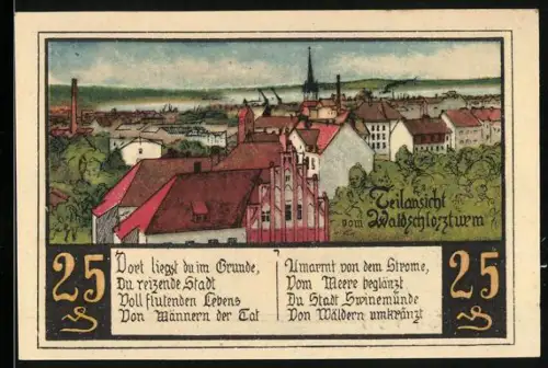 Notgeld Swinemünde, 25 Pfennig, Stadtansicht und Kapitän mit Wappen, Seriennummer 924322