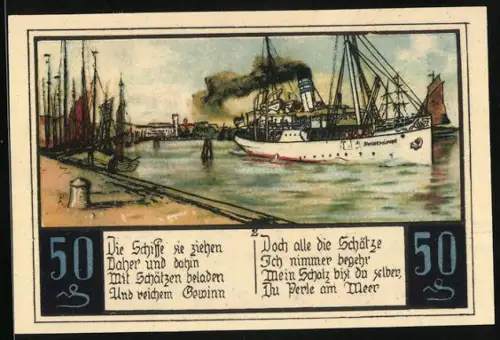 Notgeld Swinemünde, 50 Pfennig, Dampfschiff Swinemünde und Steuermann, Seriennummer 031823, Wappen