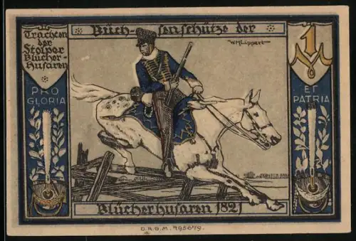 Notgeld Stolp 1921, 1 Mark, Husar auf Pferd und Skelett mit Fahne, Seriennummer 178308