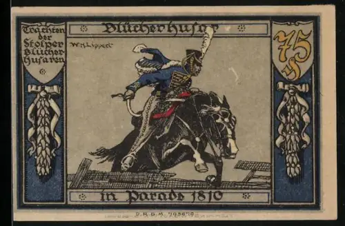 Notgeld Stolp, 75 Pfennig, Husar auf Pferd und Skelett mit Schriftzug, Seriennummer 085250, Wappen