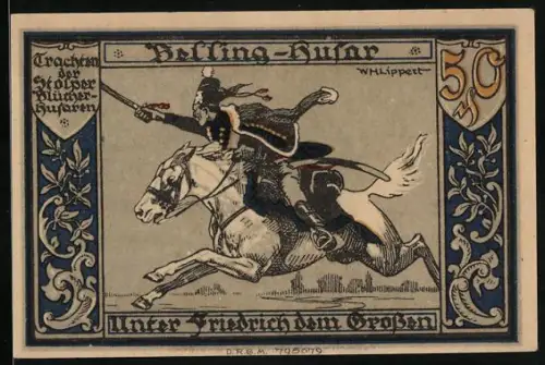 Notgeld Stolp, 50 Pfennig, Husar auf Pferd und Skelett mit Vincere Aut Mori Banner