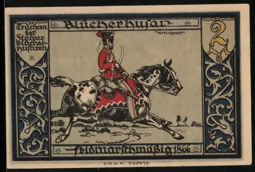 Notgeld Stolp, 2 Mark, Husar auf Pferd und Skelett mit Spruchband, Seriennummer 061034