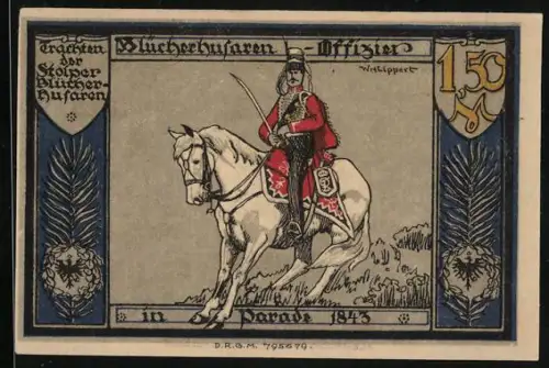 Notgeld Stolp, 1.50 Mark, Blücherhusaren Offizier und Skelett mit Spruchband, Seriennummer 061504