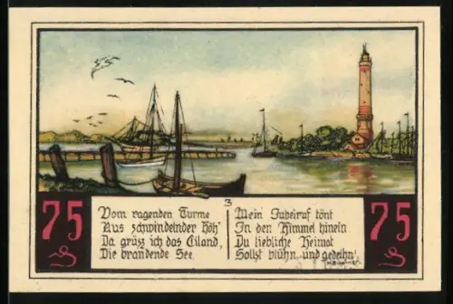 Notgeld Swinemünde, 75 Pfennig, Segelboote und Leuchtturm, Seefahrer mit Wappen, Nr. 028016