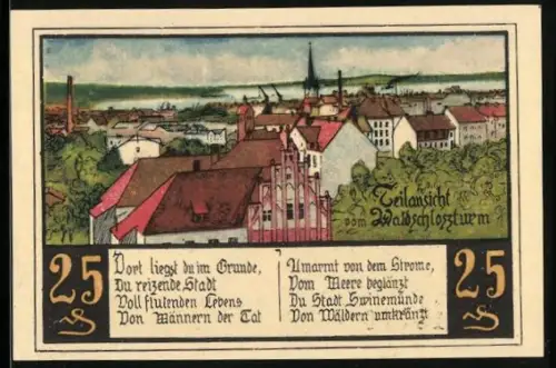 Notgeld Swinemünde, 25 Pfennig, Stadtansicht und Steuermann mit Wappen und Seriennummer