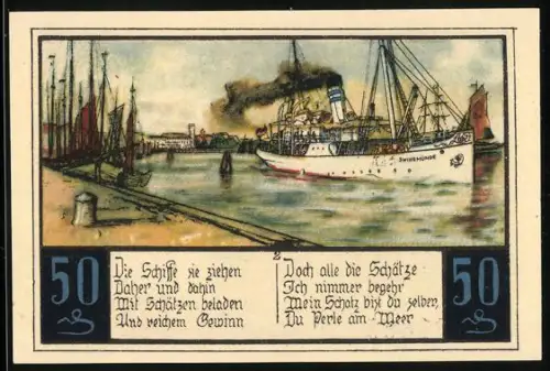 Notgeld Swinemünde, 50 Pfennig, Schiff Swinemünde im Hafen und Steuermann, Seriennummer 08684, Wappen mit Löwe