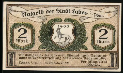 Notgeld Labes 1921, 2 Mark, Löwe im Kranz und Schuster mit Schuh, Seriennummer und Wappen