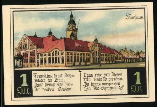Notgeld Swinemünde, 1 Mark, Kurhaus und Seefahrer mit Wappen, Nr. 008733